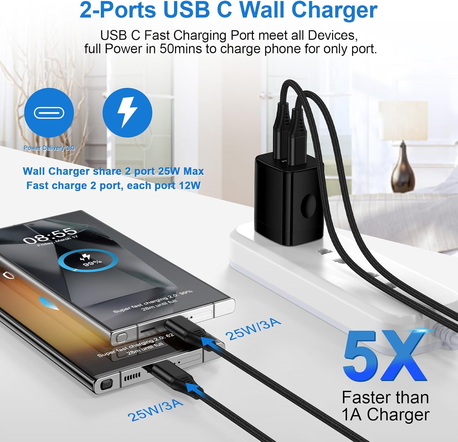 for Samsung Charger Super Fast Charging for Galaxy A36 A37 A16 5G A17 A56 A26 S25 Ultra S25 A35 S24 FE A15 A25, 25W Dual USBC Samsung Phone Wall Charging Block 32W Car Charger USB C to C Cable 3+6FT