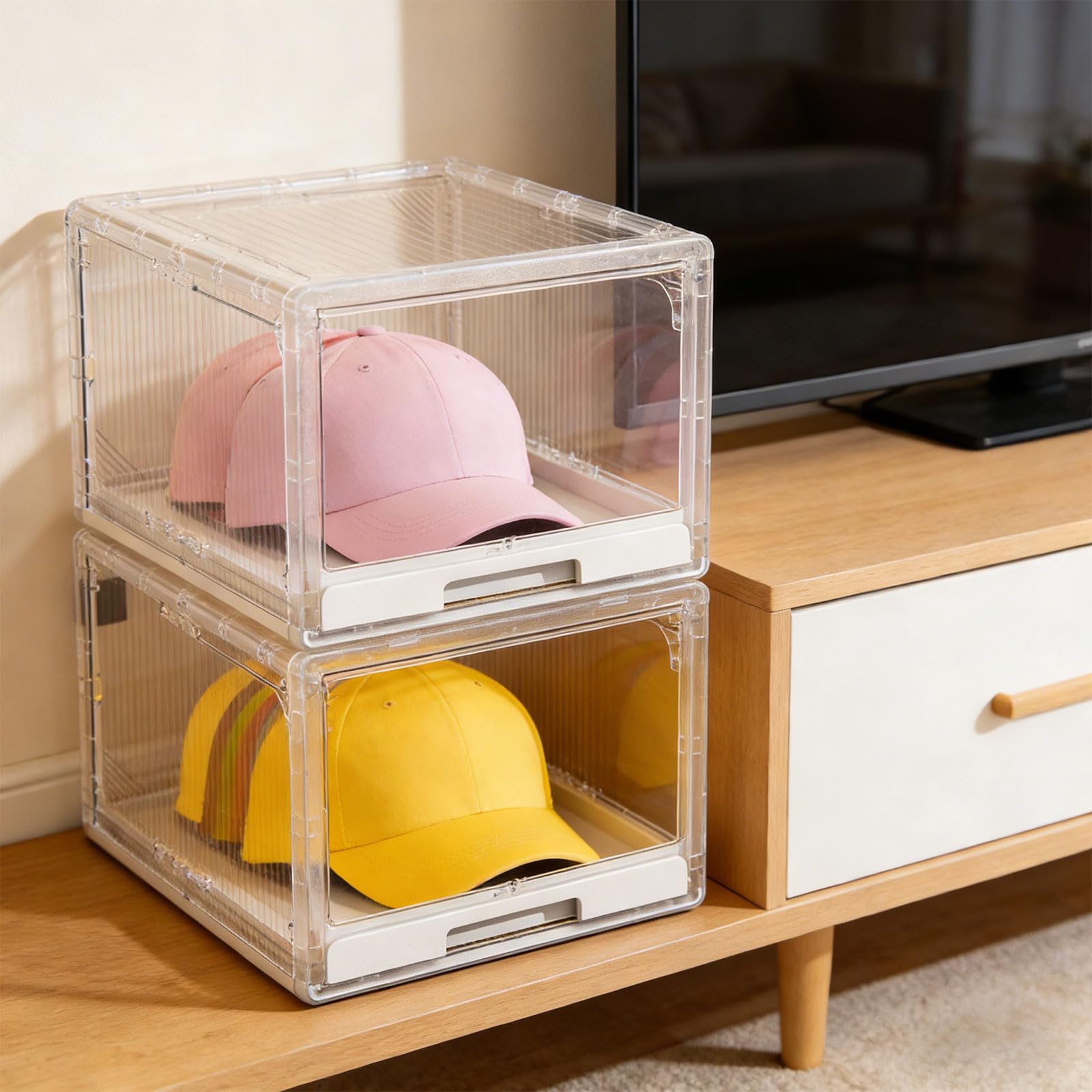 PANGBOER Paquete de 2 cajas de almacenamiento para sombreros de gran capacidad con ventana transparente y bandeja deslizante para exhibir gorras organizadas y