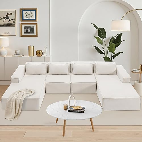 140" Modular Sectional Sofa, U-Shaped Cloud Couch with Extra Long Chaise Lounge, Oversized Chenille Boneless Sofa Set for Living Room, Comfy Floor Seating, No Assembly Required