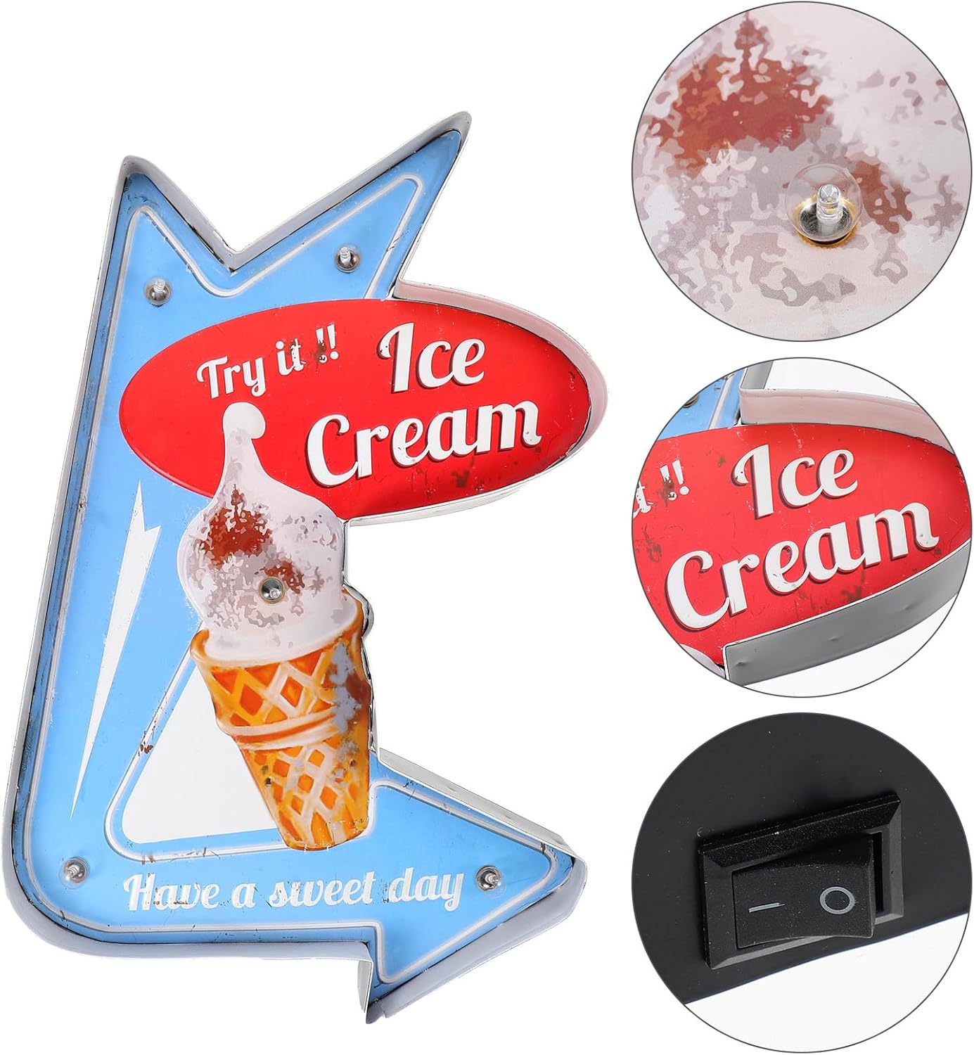 Retro Iron Ice Cream Lighted Wall Decor Sign LED Background Board for Home Bar Cafe Decoration, Creative Vintage Style Night Lamp without Battery