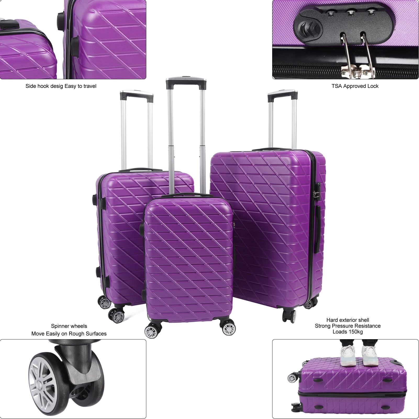 3-częściowy Zestaw Bagażu Hardshell z Zamkiem TSA, nośność 150 Kg na Długoterminowe Podróże i Wyjazdy Służbowe (PURPLE)