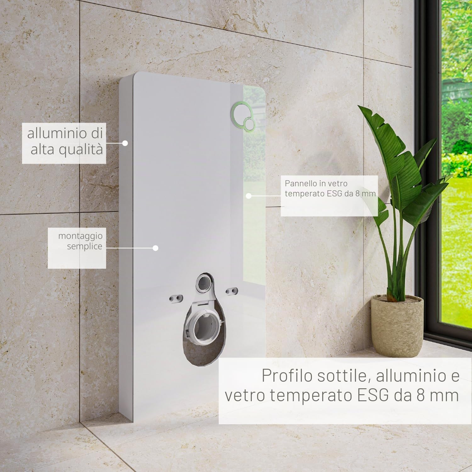 Sistema modulo sanitario 805 di installazione per WC vaso sospeso a parete esterno- con pulsante di scarico - in alluminio e vetro bianco - cassetta monoblocco - bella e funzionale
