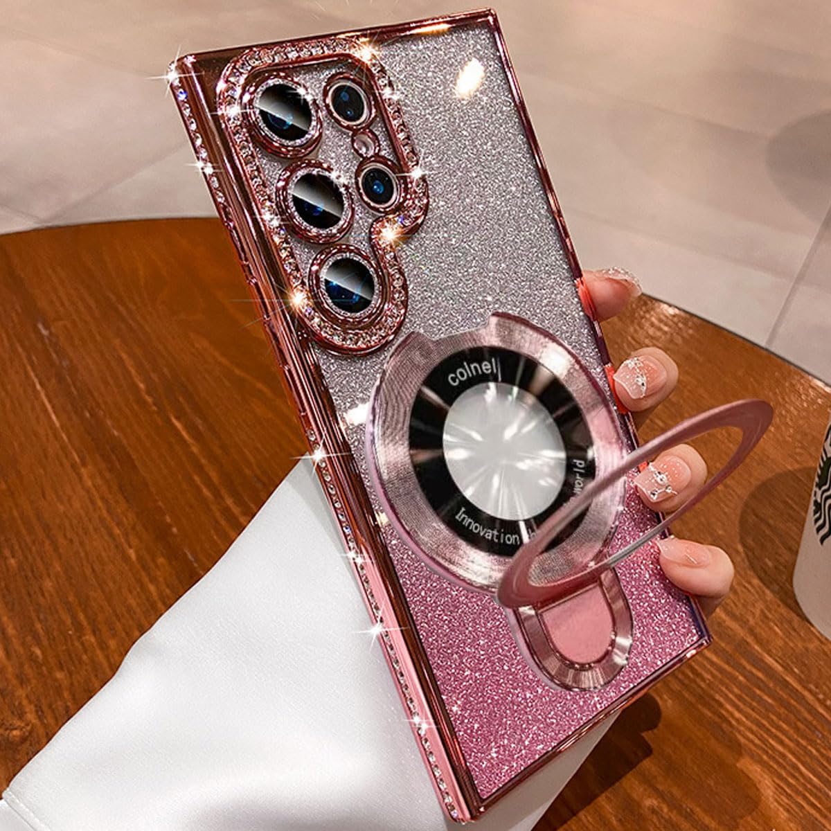 Magnetic Stand Glitter Case for Samsung Galaxy S25 Ultra, (Compatible with Magsafe) Women Girly Luxury Bling Diamond Rhinestones Cover with Camera Lens Protector for Galaxy S25 Ultra (Pink) - Image 6