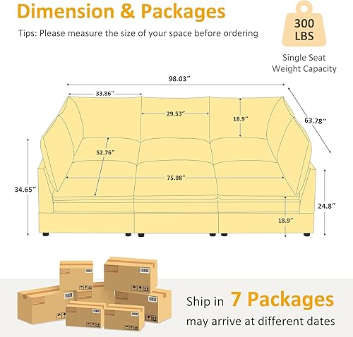 Miniatura 2 de VANOMi Sofá modular Cloud de 98 pulgadas para sala de estar, sofá cama moderno de gran tamaño con asiento profundo, otomana de cojín grueso de doble