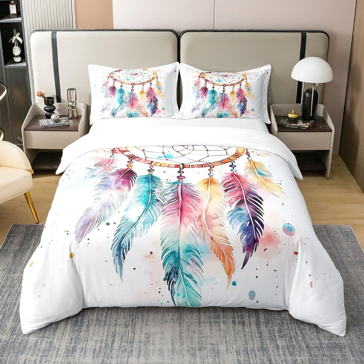 Feelyou Dreamcatcher Duvet Cover 100% Cotton Set Queen Boho Dream Catcher Bedding Bedding Set Bohemian Indian Hippie Feather Print Comforter Cover Set Splash Paint Bedspread Cover 3Pcs,No Comforter