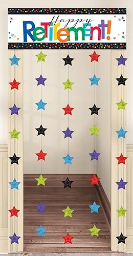 Miniatura 1 de Amscan Cortina de puerta de fiesta "Happy Retirement", 39 x 77 pulgadas, gran decoración de cumpleaños, decoraciones de fiesta de discoteca, telón