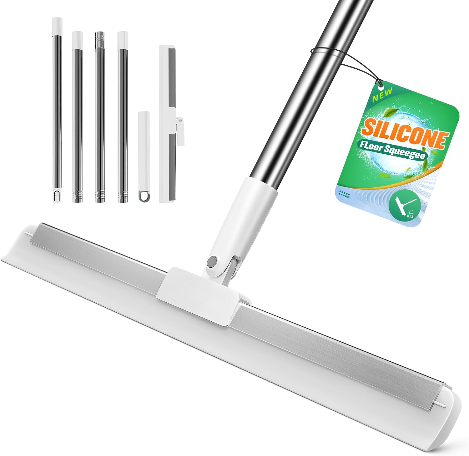 Silicone Squeegee for Floor, 180° Rotating Squeegee Broom, Floor Squeegee with a Long Handle, Squeegee for Water and Pet Hair Removal on Bathroom Floors, Tile, Glass, Indoor Window Cleaning Tool