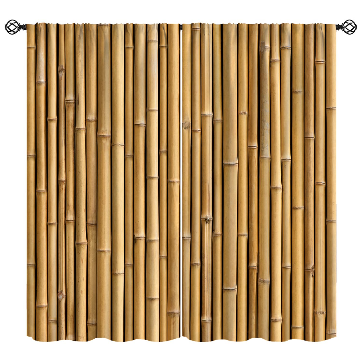 Bamboo Curtains, Rustic Rural Village Bamboo Fence Background Print Window Treatments, Rod Pocket Thermal Insulated Drapes 2 Panel Sets for Bedroom Living Room, 42" W x 45" L【Decor】