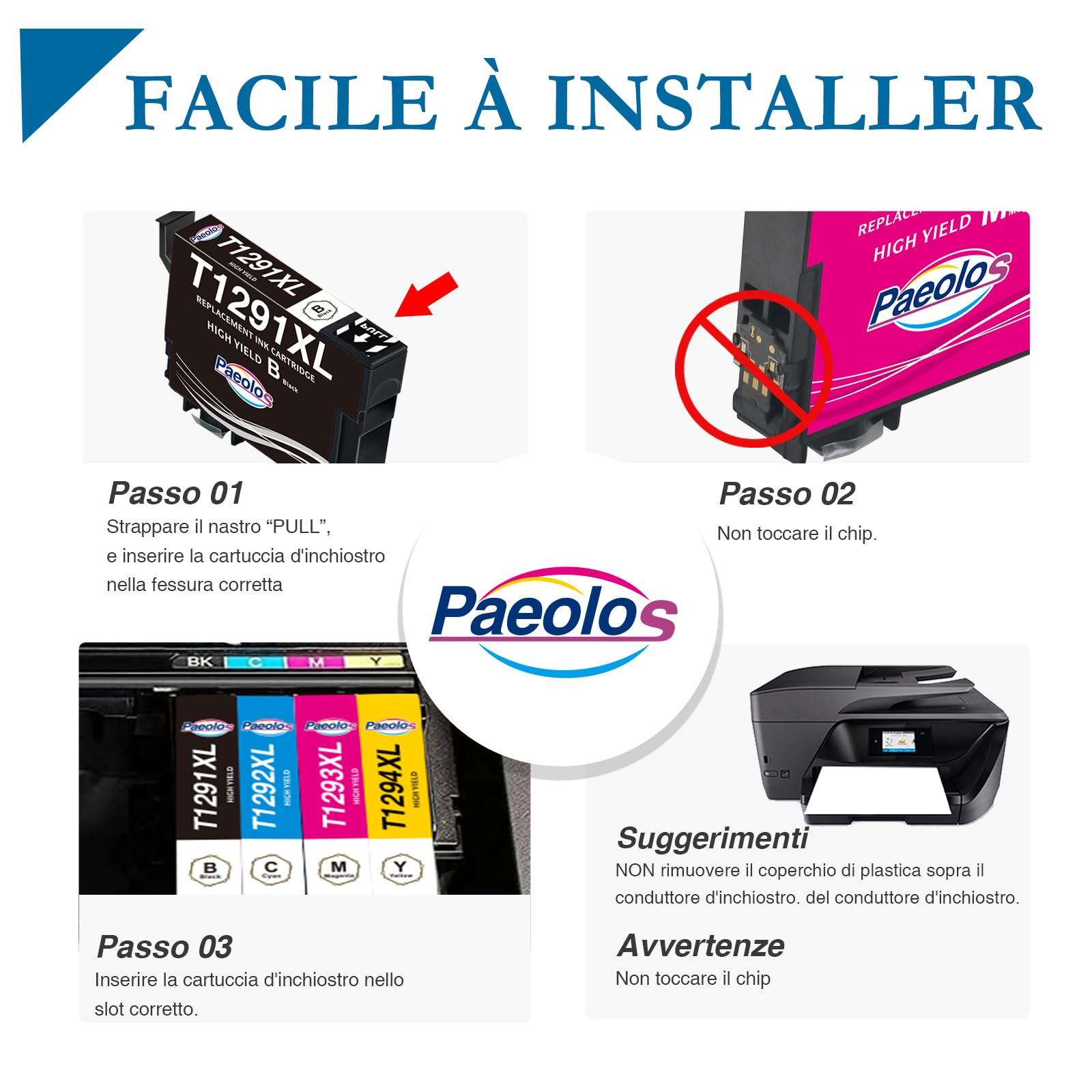 paeolos T1295 Cartucce di ricambio per Epson T1291 T1292 T1293 T1294 per Epson Workforce WF-3520 WF-3540 Stylus SX235W SX420W SX440W SX435W SX445W SX535WD Stylus Office BX305F BX305FW BX635FWD