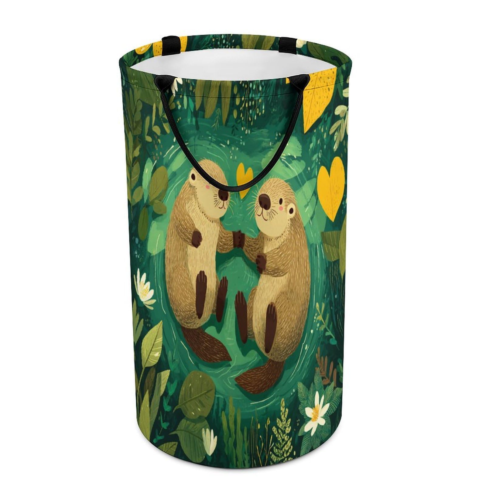 LUYYSKY Beautiful Anime Otter Couple Versatile Storage Laundry Basket, Mid Century Retro Animal Otter Plant Lotus Leaves Floral Large Bathroom Laundry Hamper With Handle-40 CM Dia, 69 CM High
