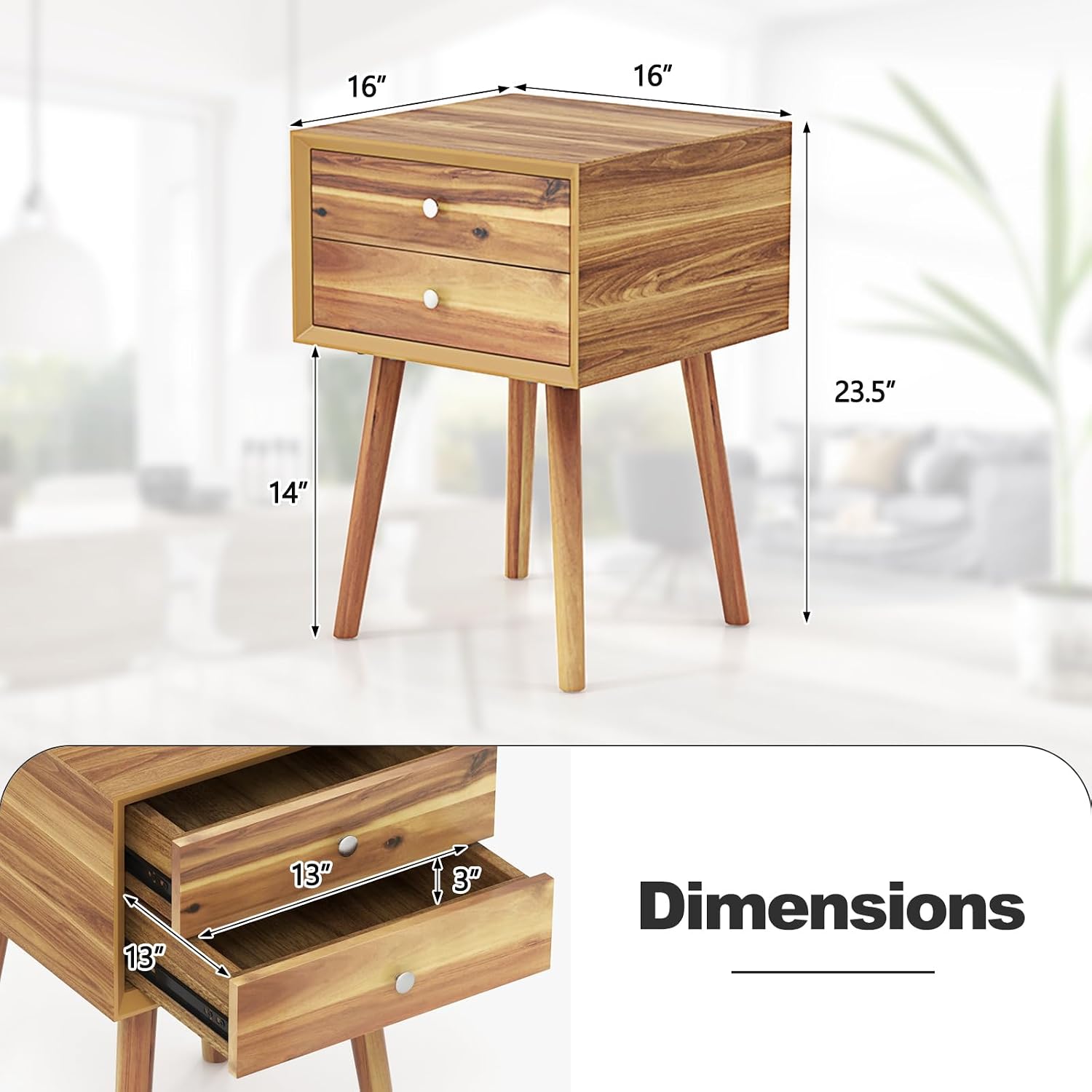 KOMFOTT 2-Drawer Nightstand Set of 2, Mid-Century Modern Bed Side Table with Storage, Multipurpose End Table Side Table with Rubber Wood Legs for Bedroom Living Room, Easy Assembly