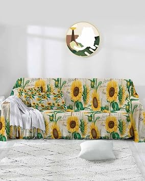 Spring Yellow Sunflowers Sofa Covers for 3 Cushion Couch, Washable Sectional & L Shape Couch Covers for Dogs/Cats/Kids, Green Leaves Retro Floral Country Non Slip Sofa Slipcover Futon Cover 71x150