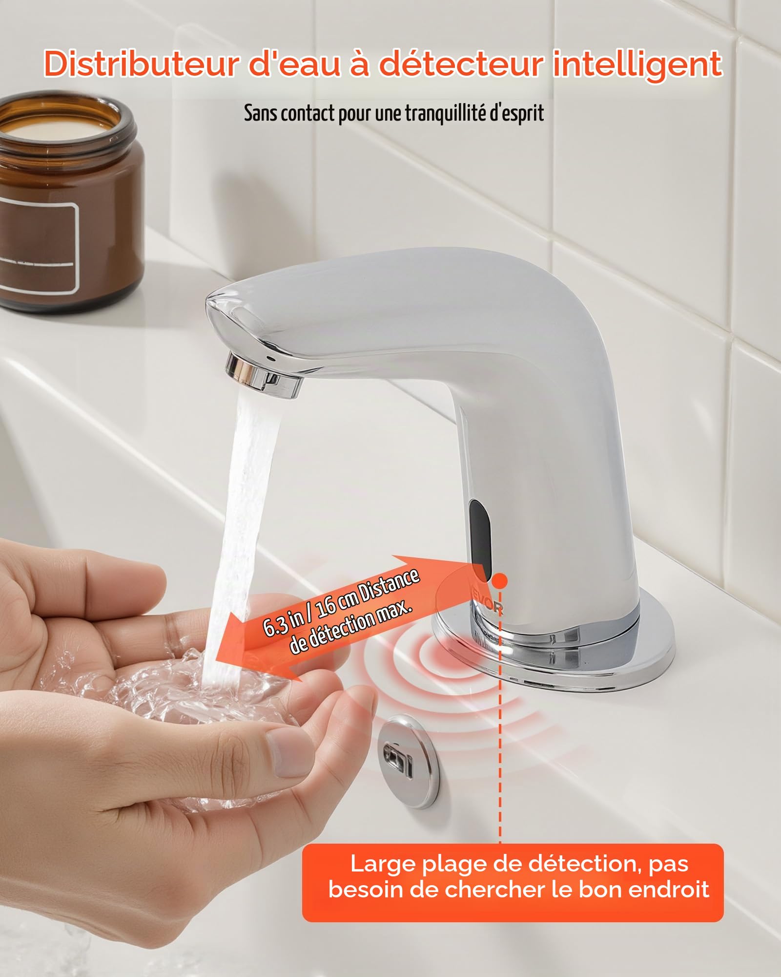 VEVOR Robinet Automatique sans Contact, Mitigeur de Lavabo à Capteur de Mouvement, Robinetterie d'Eau Froide, Fonctionne sur Piles, pour Tuyau de 9,5 mm, Bar Cuisine Salle de Bain, Chromé Argenté