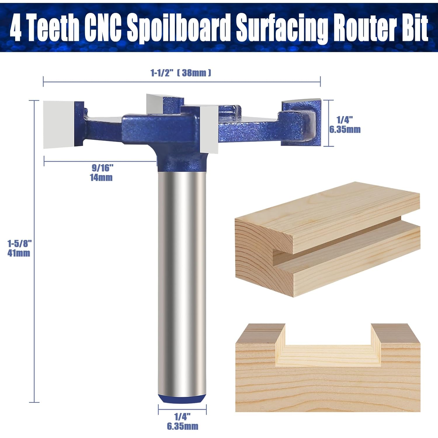 CNC Spoilboard Surfacing Router Bit, 1/4 Inch Shank Slab Flattening Router Bit, 4 Wings Carbide Rabbet Slot Cutter for Woodworking, Wood Planing (1-1/2'' D, 1/4'' H)
