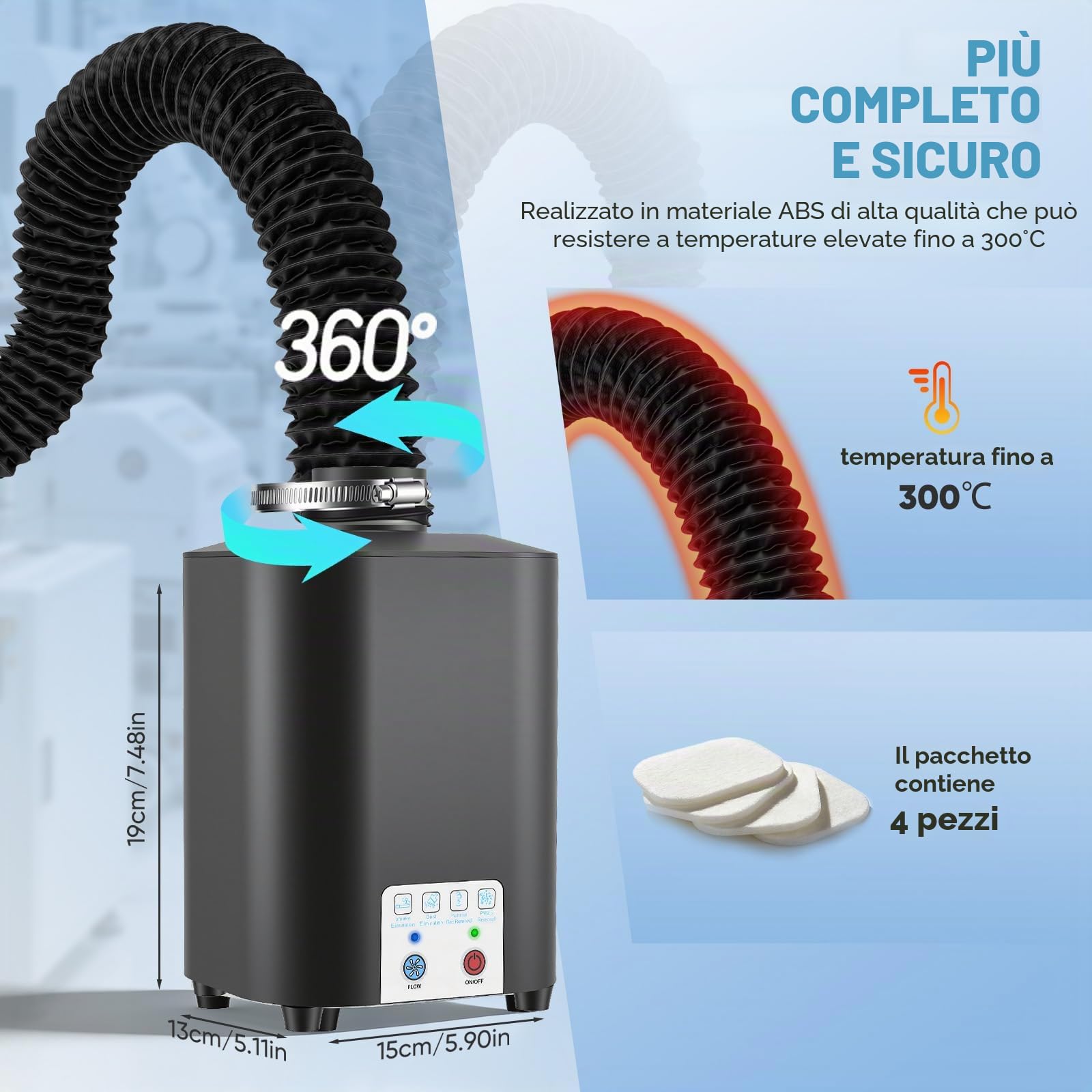 Estrattore di Fumi di Saldatura 50W 128m³/h, Aspiratore di Fumi Laser con Filtro 3 Stadi HEPA H12 e Carbone Attivo – Efficienza 99,97% per Saldatura Incisione Officina Garage