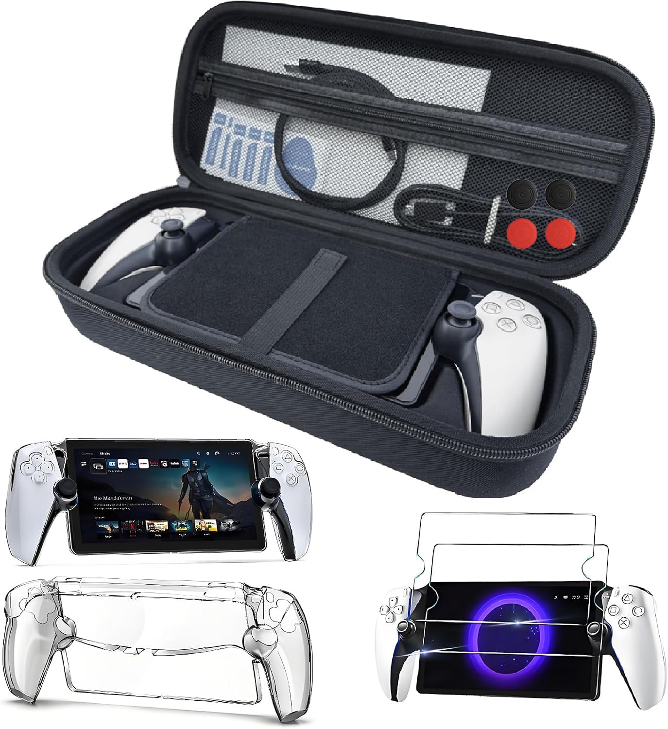 3 in 1 Accessories Set for PlayStation Portal - INITMMO Carrying Case for PS5 Portal and Hard PC Clear Cover Case with 2 Screen Protector Tempered Glasses,4 Thumb Grips,PS Portal Accessories Bundle