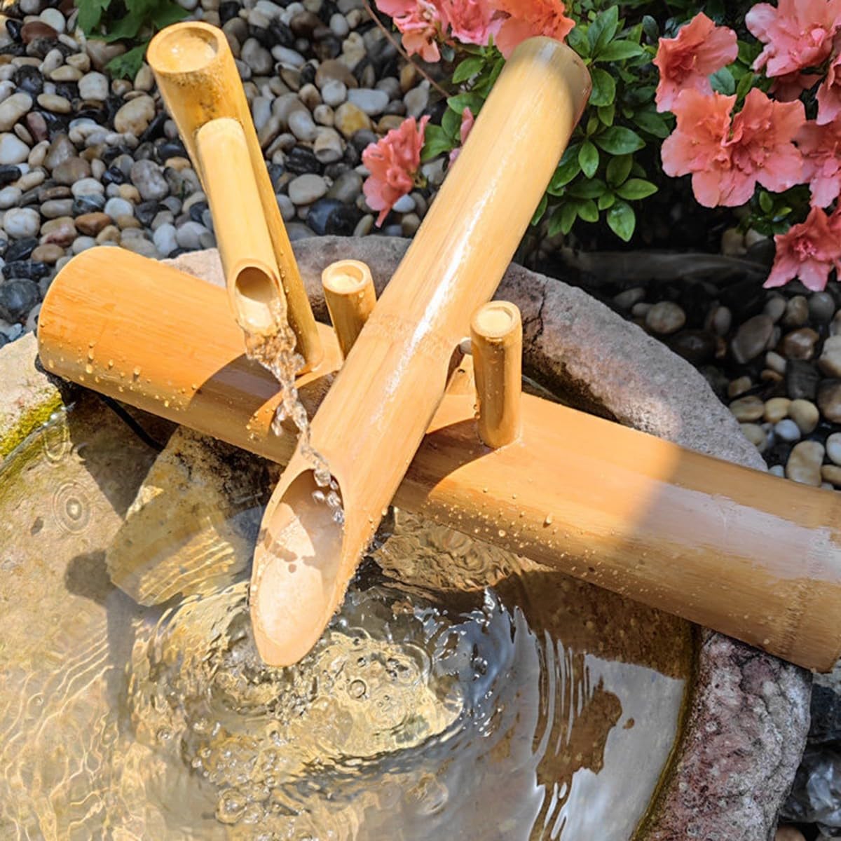 bambù Fontana Solare, Fontana Cascata con Pompa per Laghetto, Patio e Arredamento Giapponese, Arredamento Naturale