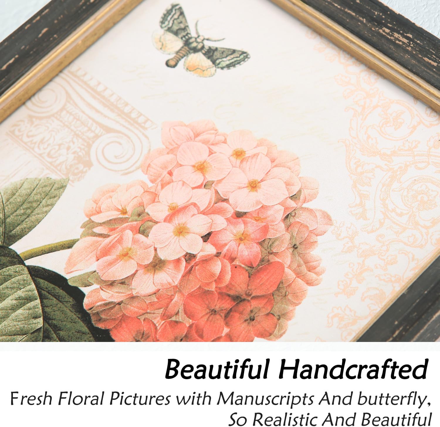 NIKKY HOME Vintage Botanical Wall Art Set of 2, Rustic Wooden Framed Floral Flower Plant Butterfly Pictures Prints Poster Decor for Bathroom Bedroom Living Room Kitchen Office, 13 x9 Inch