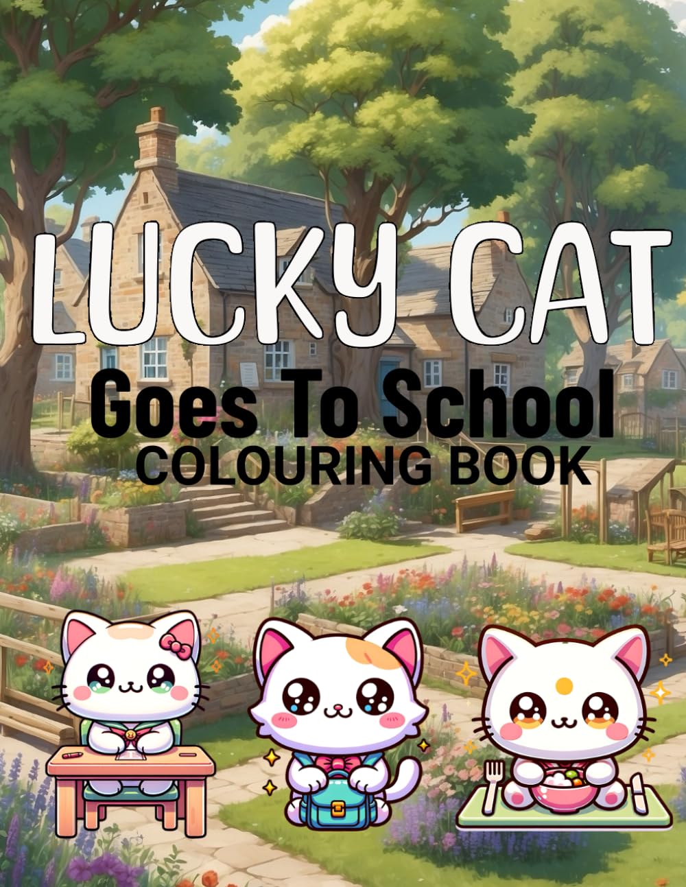 Lucky Cat Goes To School: 25 charming original colouring designs perfect for children preparing to start school. Kawaii cute kitten goes to school.