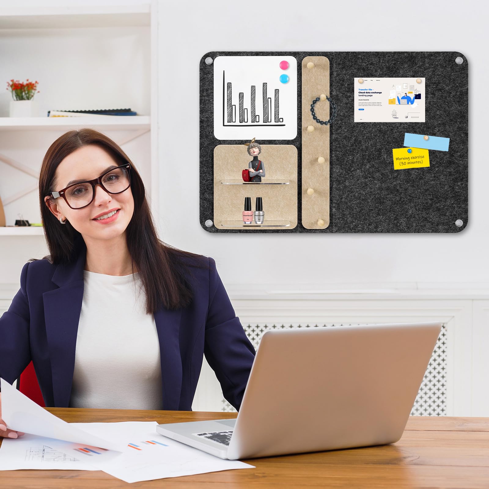 DOLLAR BOSS 3-in-1 faltbare Pinnwand aus Filz, 61 x 40,6 cm, horizontal, Grau | Korktafel, magnetisches Whiteboard mit Acrylregalen, für Zuhause, Büro, Wohnheim, Raumdekoration, mit Pin-Magneten
