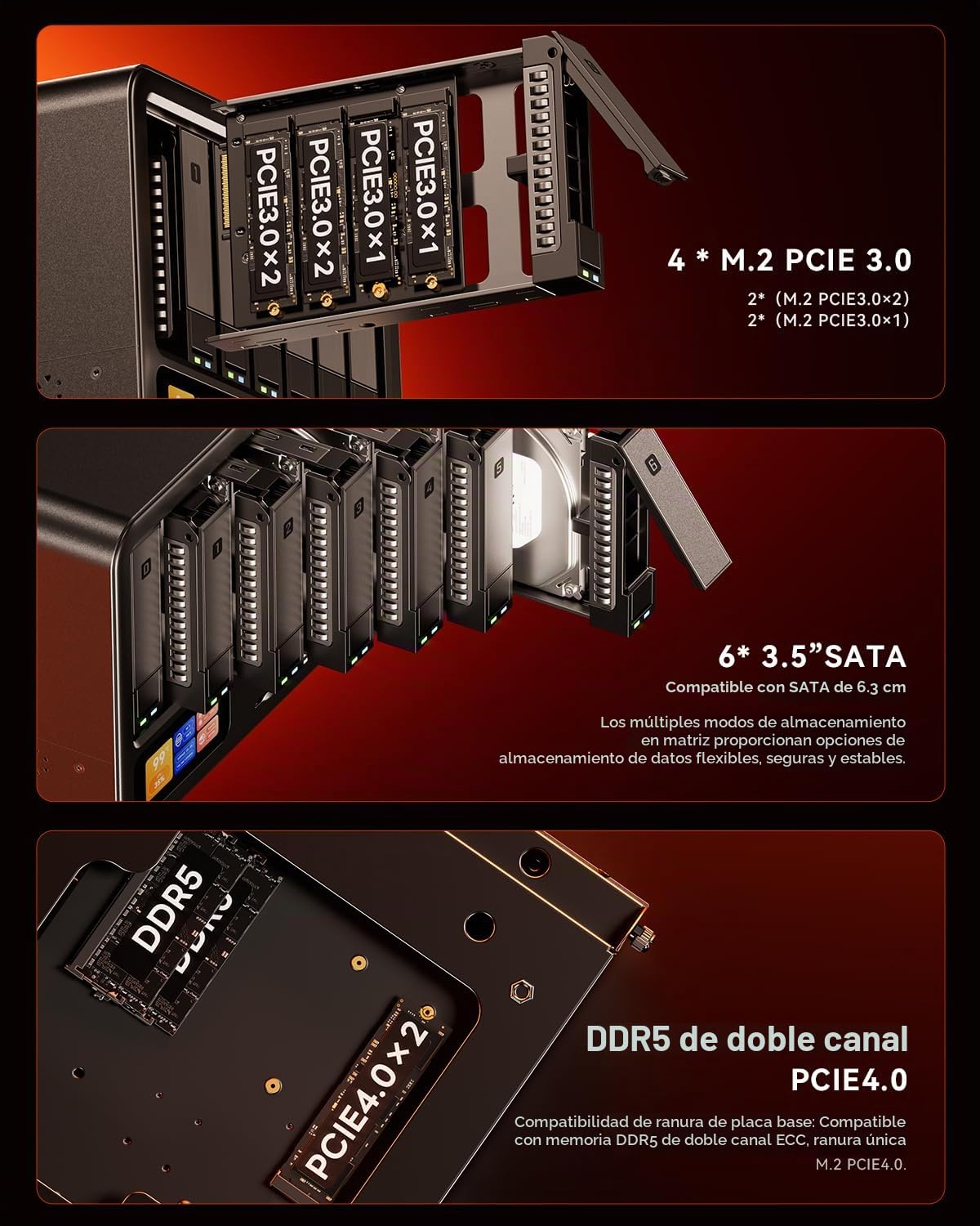 AOOSTAR WTR MAX Mini PC NAS de Escritorio de 11 bahías, Servidor NAS Ryzen 7 PRO 8845HS Sin RAM Sin SSD, 6*2.5"/3.5" SATA HDD, 5*Ranuras M.2 NVMe, 2*10GbE, 2*2.5GbE, Almacenamiento conectado en red