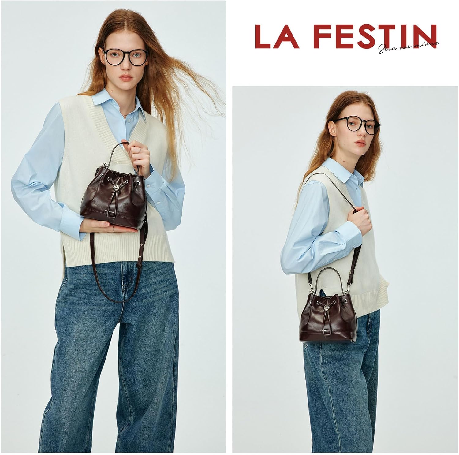 LA FESTIN Genuine Leather Top Handle Bucket Bags Drawstring Crossbody Purse for Women - Image 2