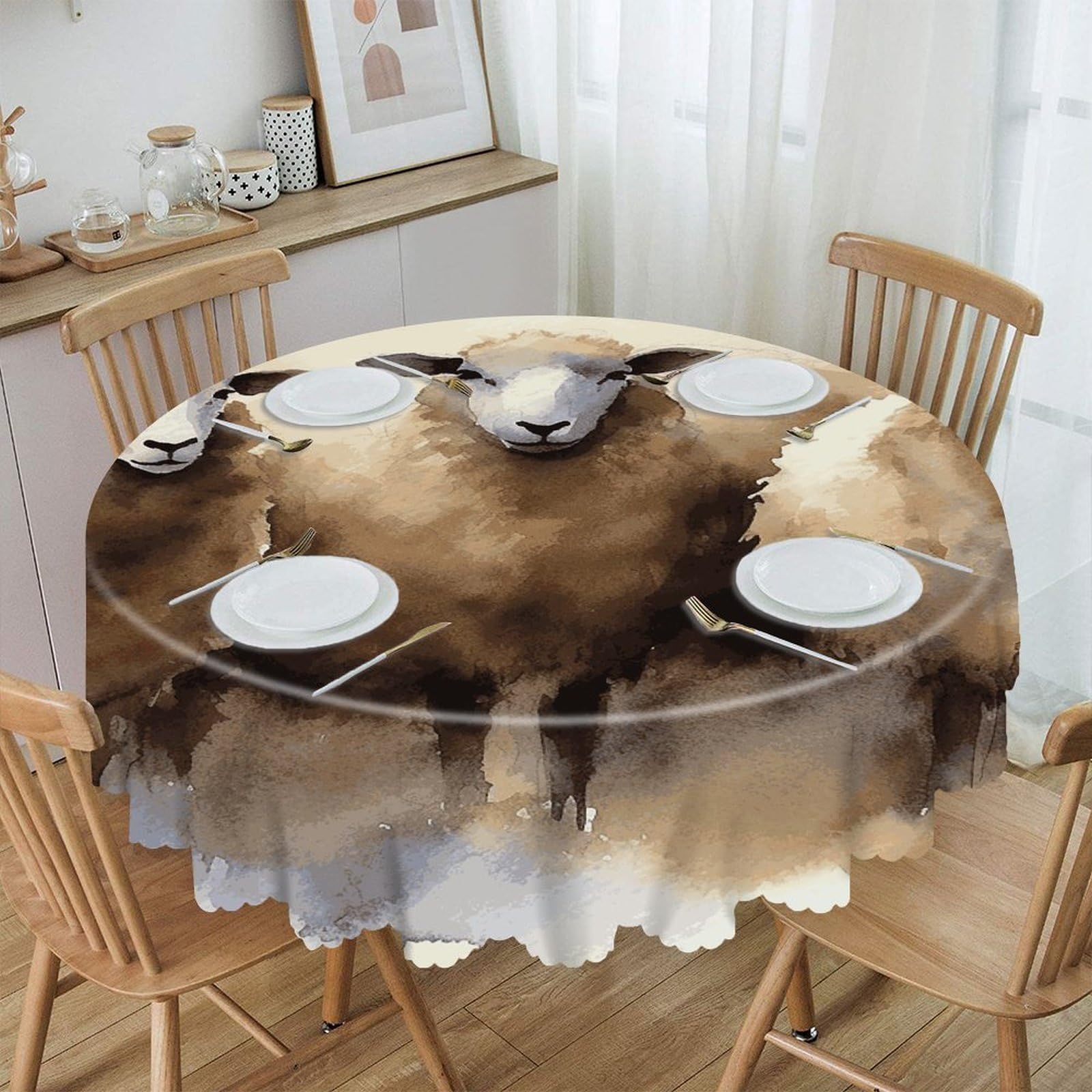 Adfgyerh Style Sheeps Watercolor Table Cloth Easy To Clean, Home Decor Lace Design, Soft And Comfortable, Round Tablecloth Suitable For Homes, Restaurants, Hotels, Patio Tables, Etc.