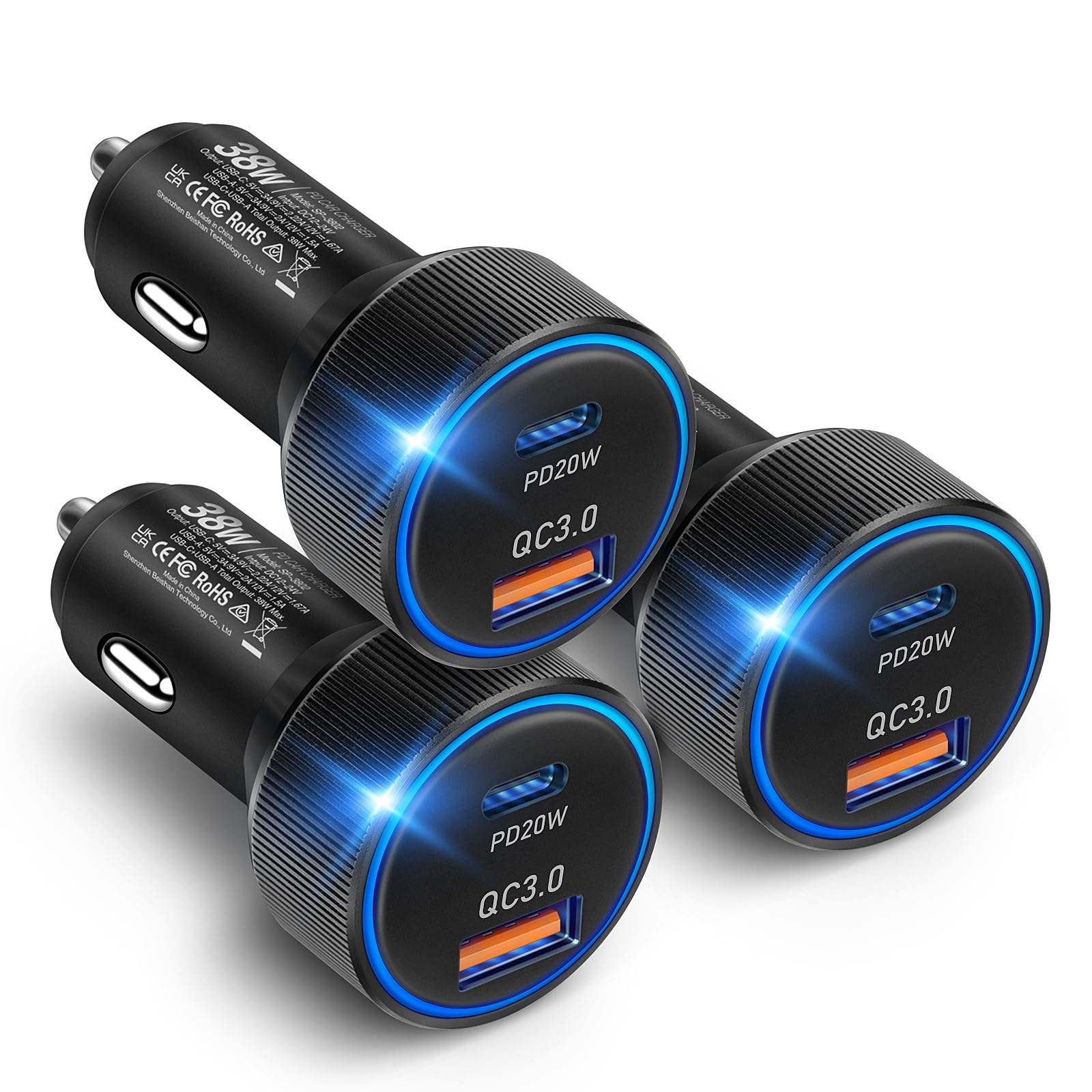 3 Pack USB C Car Charger, 38W Fast Charging Cigarette Lighter Adapter, Boxeroo Multi Port PD/QC 3.0 Cargador para Carro, Car Plug Adapter Outlet for Phone iPhone 16/15 Pro, iPad Pro, Samsung Galaxy