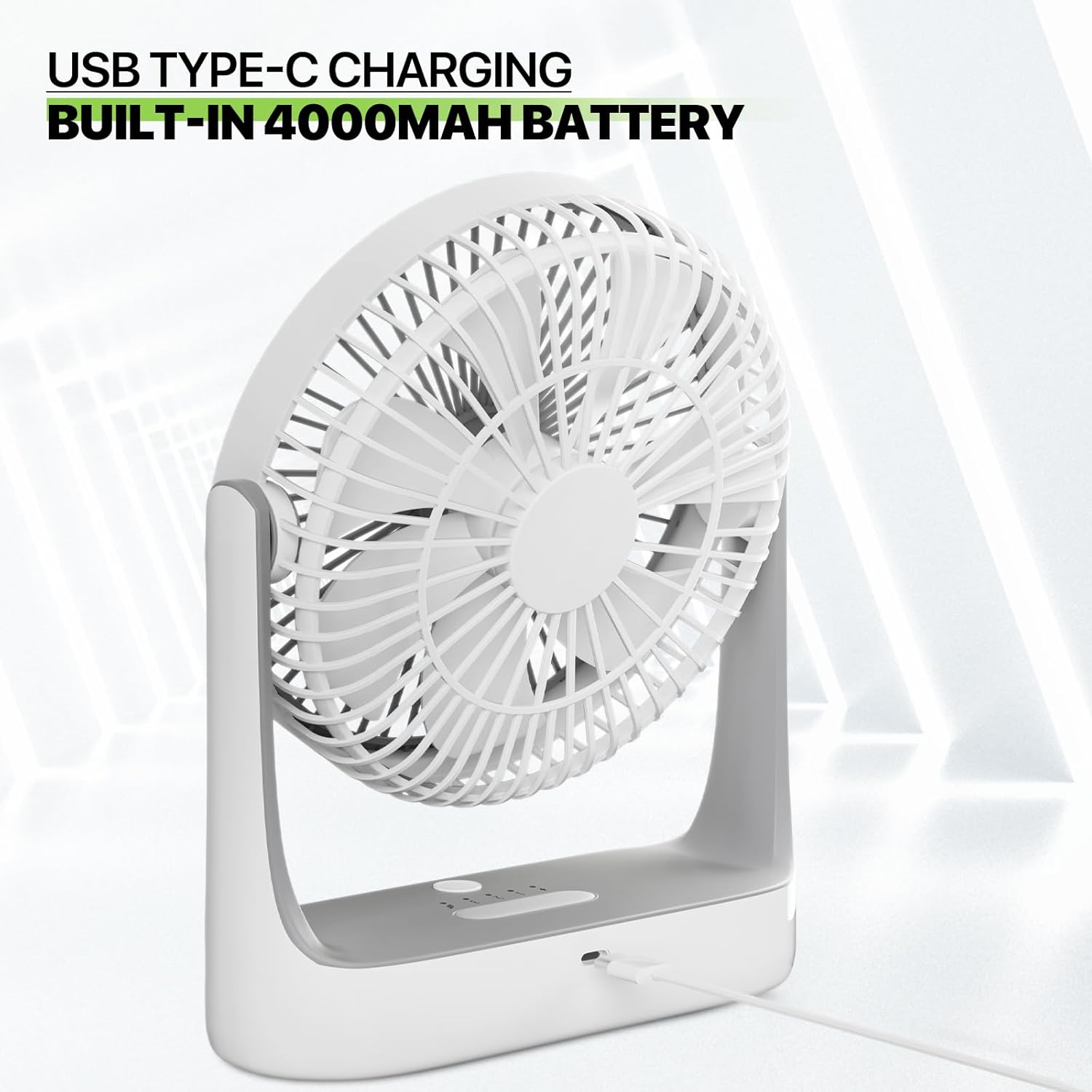 Magshion 7-inch USB Desk Fan hanging hole and non-slip mat.