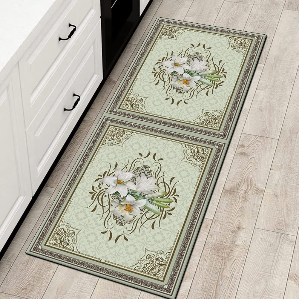Tapis de couloir vert motif floral 40x300 cm lavable sur mesure