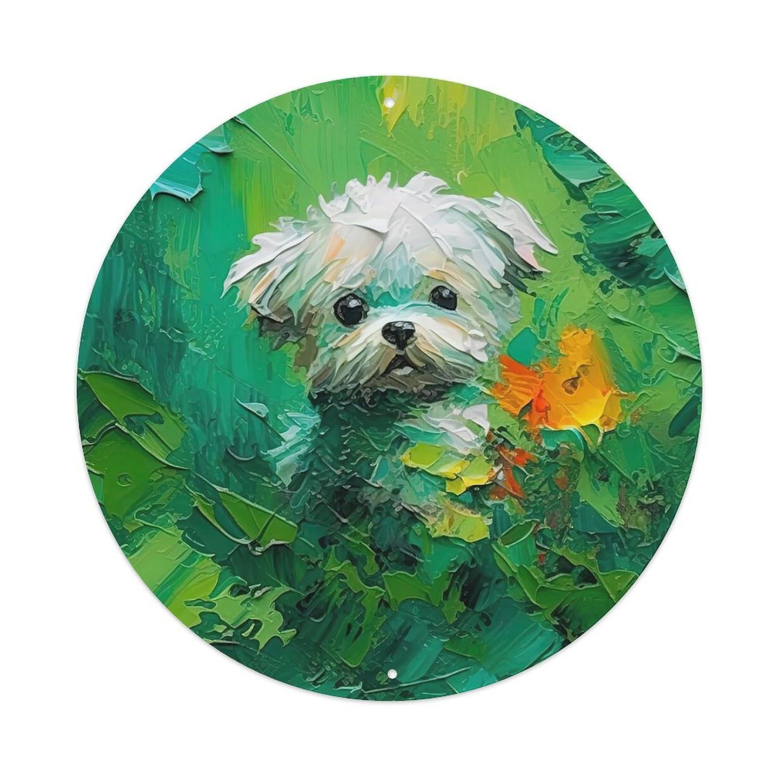 Visual Oil Painting Art Teacup Dog Vintage Metal Tin Sign Plaque Wall Decor for Cafe, Club, Garden Round Metal Poster 8x8Inch