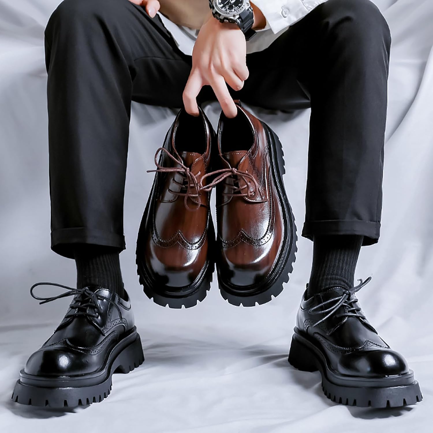 Men's Vintage Leather Lace-Up Platform Oxfords Classic Round Toe Lug Sole Dress Shoes for Business Work Office - Image 3