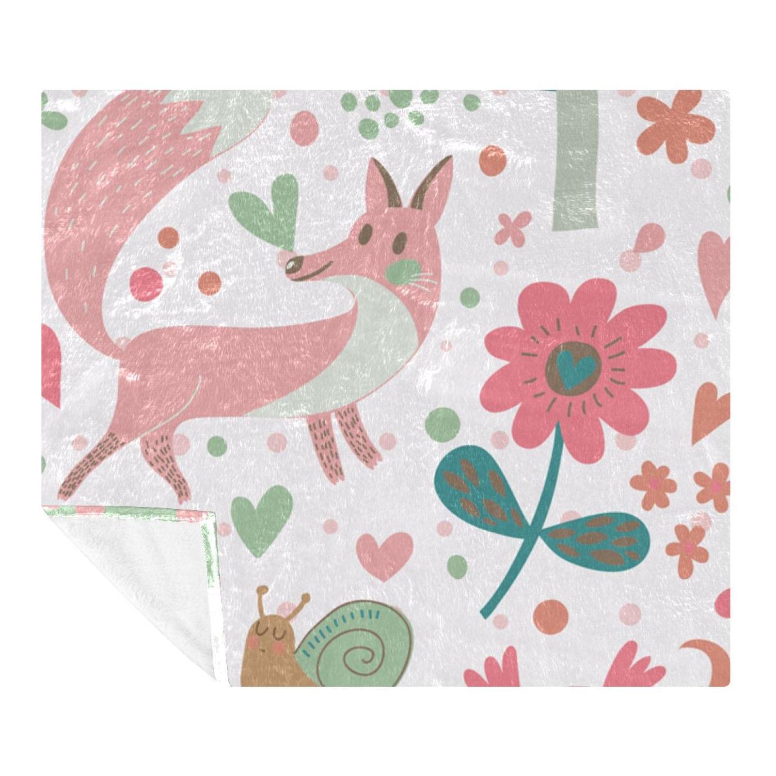 Couverture polaire rose motif dessin animé renard hibou fleur pour décoration lit et canapé