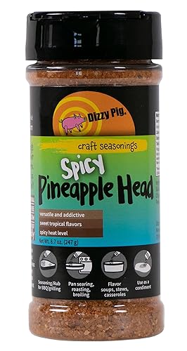Dizzy Pig Spicy Pineapple Head Tropical Condimento Rub (8 oz Shaker)  Temporadas 30 libras de comida  Hecho a mano en los Estados Unidos  Sin MSG,