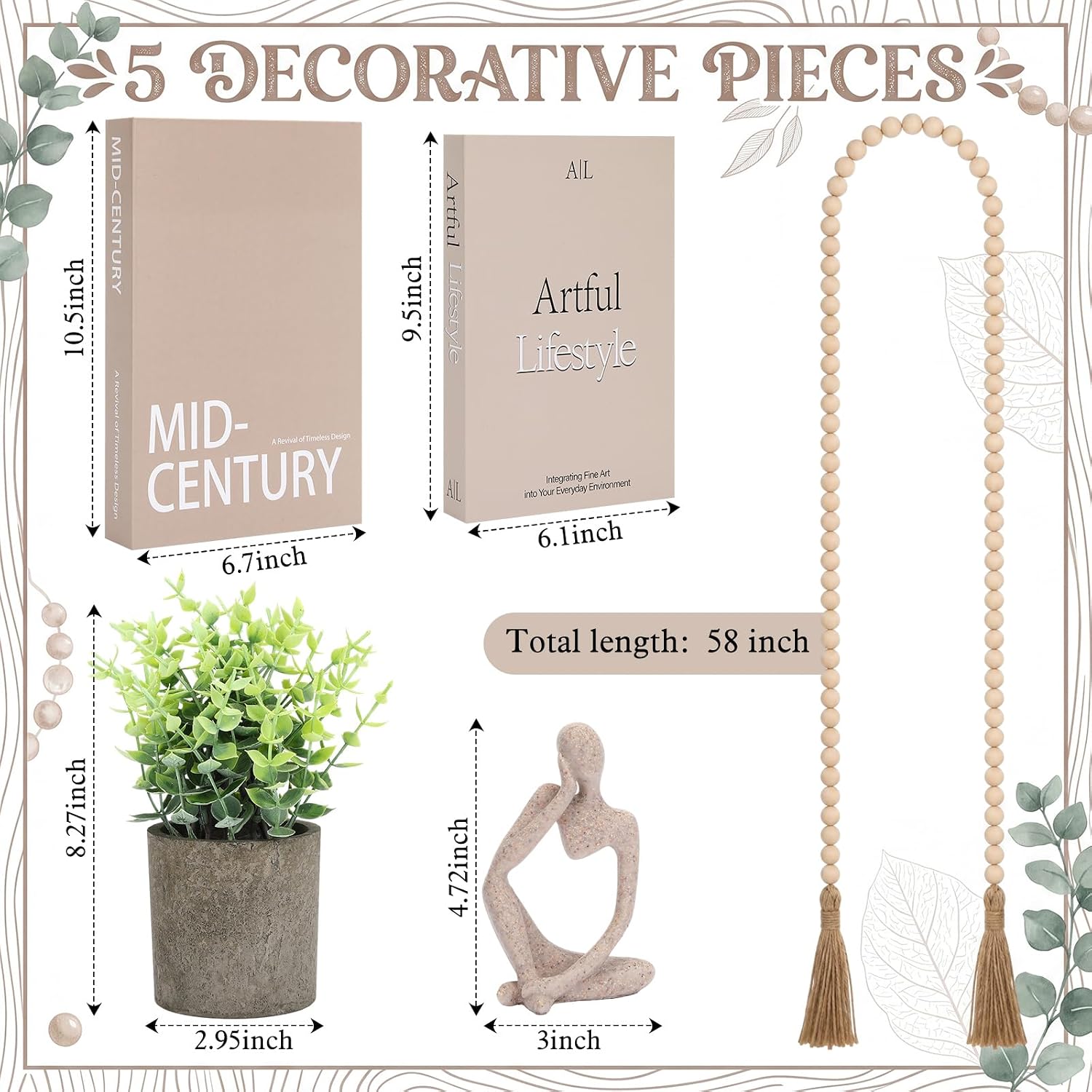 Mumufy Coffee Table Decor Bookshelf Decoration Includes Wood Bead Garland Decorative Books with Storage Thinker Sculpture Eucalyptus Fake Plant for Home Office Desktop Boho Decoration
