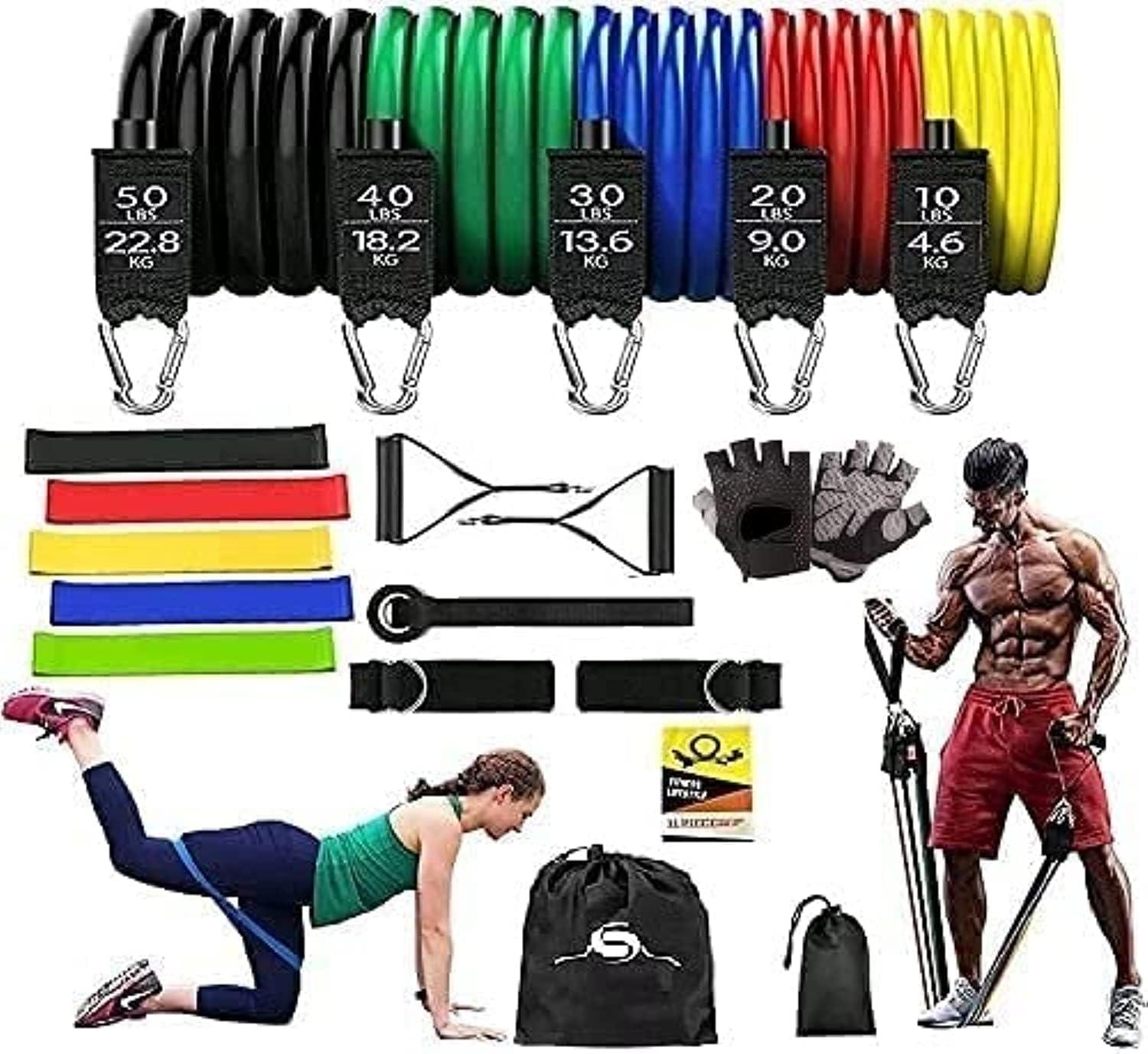 SARAN,18 pcs 100% original Latex Quality Resistance Band Set, best home exercise for Men and Women with Resistance Loop Bands, Door Anchor, Handles, Carry Bag and Legs Ankle Straps for Home Fitness.