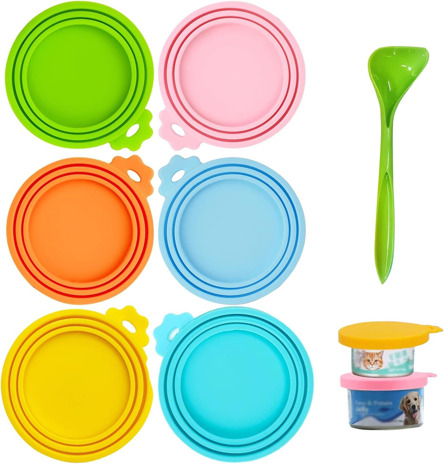 Can Lids Cover For Pet Food, 6 Pack Food Universal Silicone Cat Dog Lid 1 Fit 3 Standard Size Tops With Spoons (Multicolor)