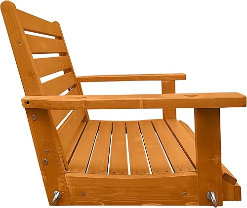Miniatura 6 de Columpio de madera para porche de 2 plazas, asiento ergonómico, columpio de banco con cadenas colgantes y resortes de 0.276in, resistente 800