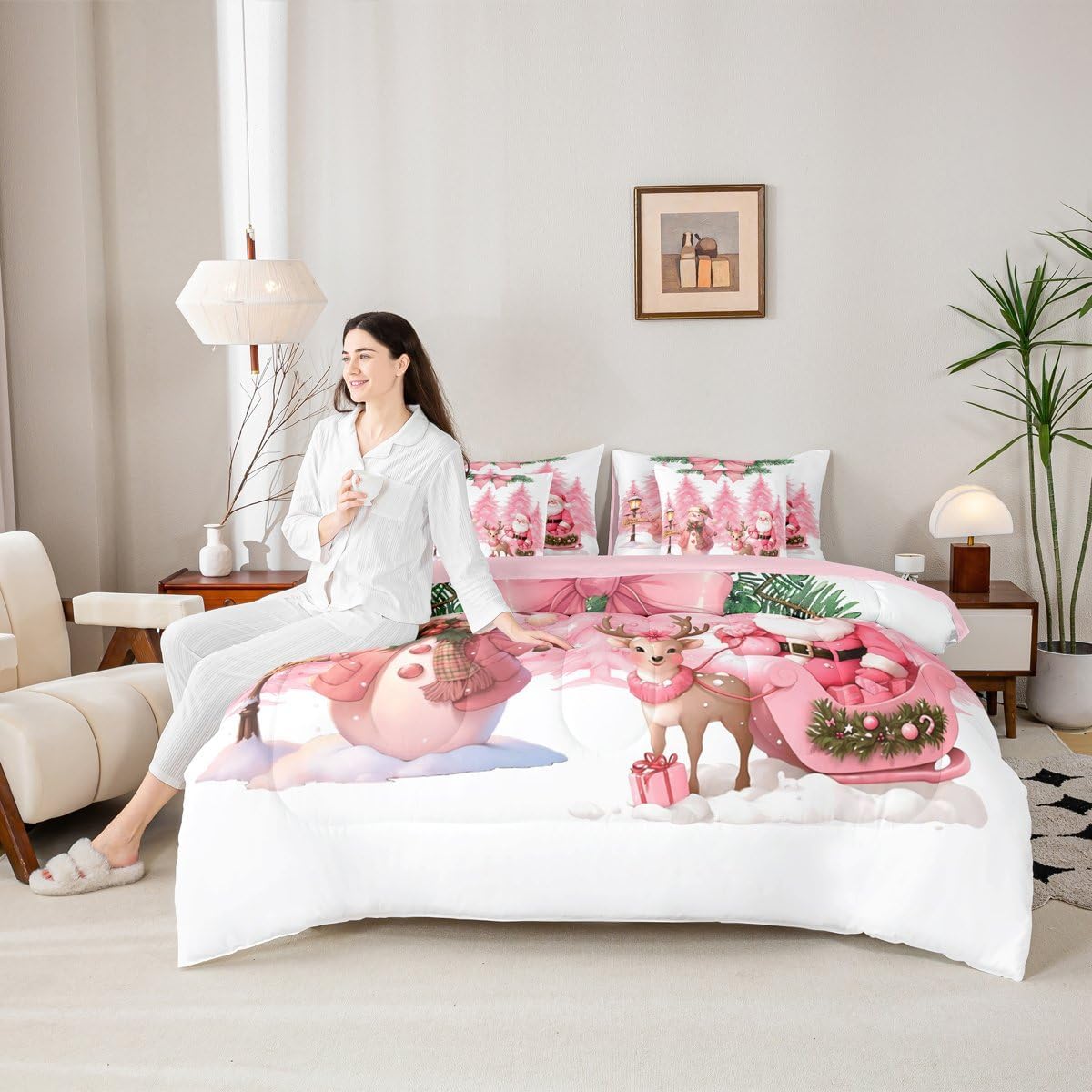 Cartoon Santa Claus Queen Comforter Set with Sheets, Cute Snowman 7-Piece Bedding Set Pink Christmas Tree Bed in a Bag, Xmas Elk Deer Kawaii Bow Room Decor,White