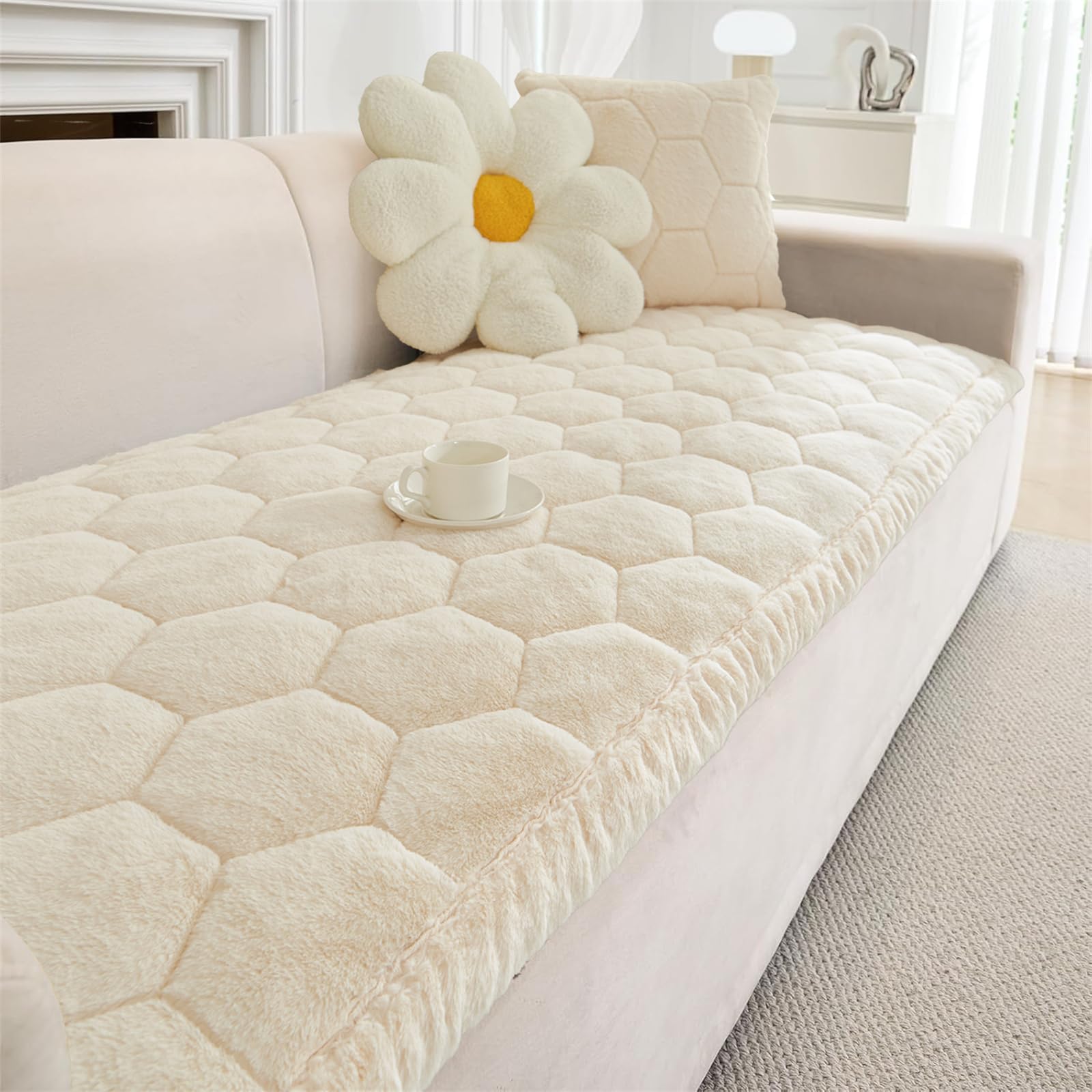 LINGKY Sofa Covers 1 2 3 4 Seater Non Slip Sofa Slipcovers Super Soft & Thick Faux Mink Velvet Sofa Cushion Covers Couch Covers Sofa Protectors from Pets/Kids/Dogs (Beige White, 90x210cm) — image 1