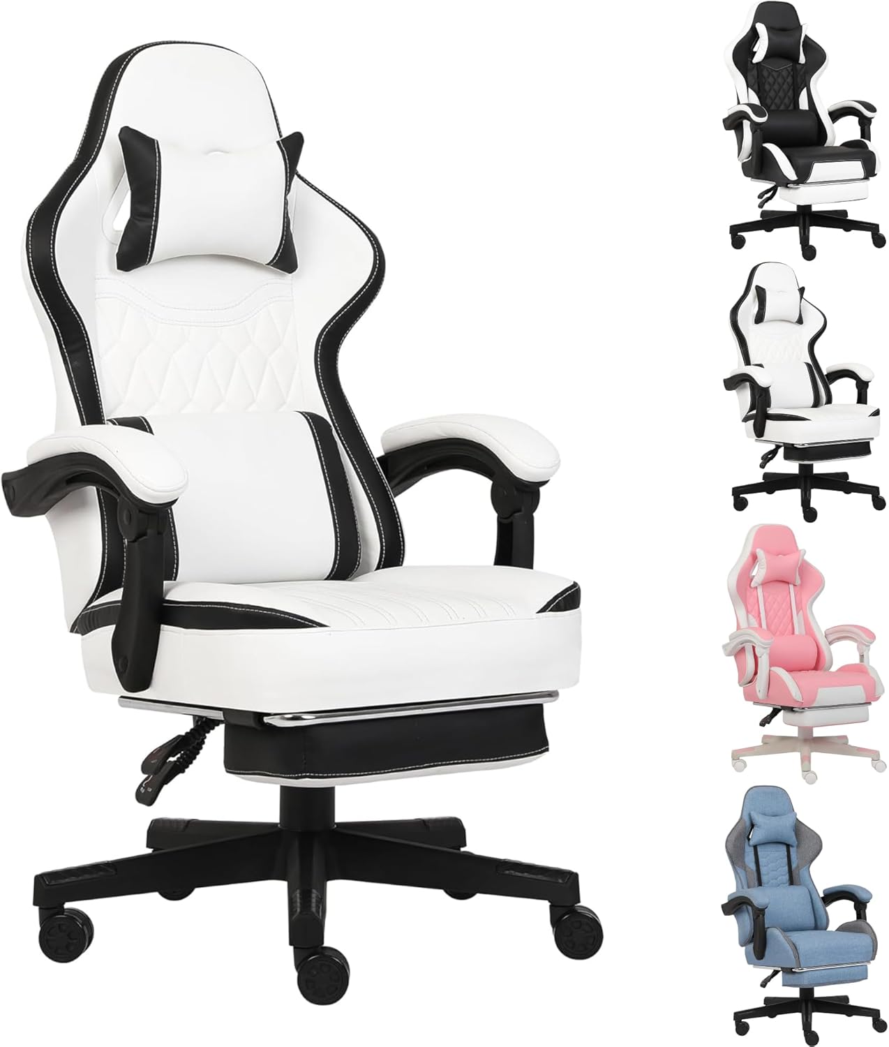 Ergonomic Gaming Chair with Footrest,Big and Tall Gaming Chairs for Adults,Computer Game Chair with Lumbar Support,Backrest Adjustable Height Swivel Office Chairs,White