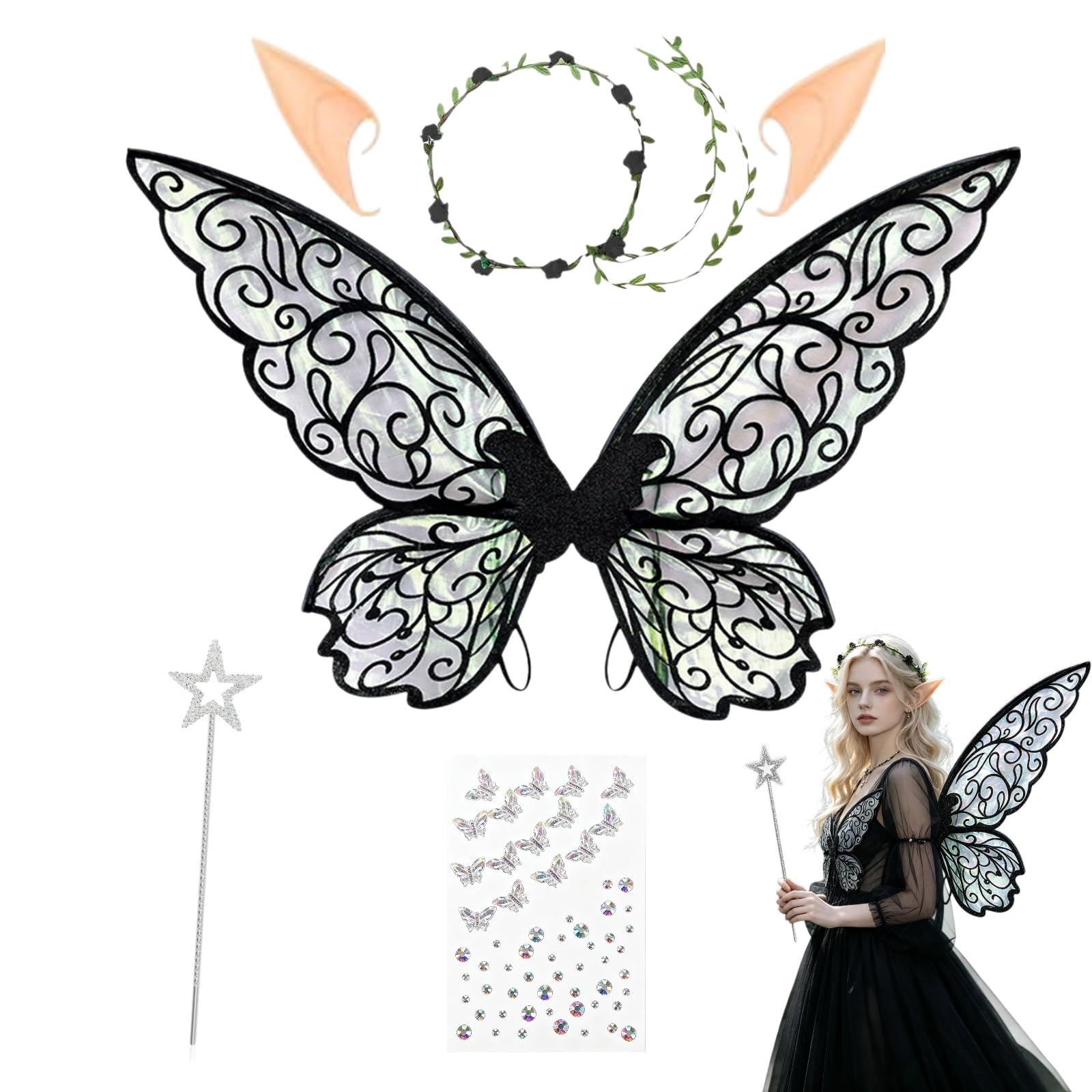 Fairy Wings for Adults, Butterfly Wings for Girls Women, Angel Costume Accessories for Halloween Cosplay, Fancy Dress Party Set with Elf Ears Flower Headband Magic Wand (Black)