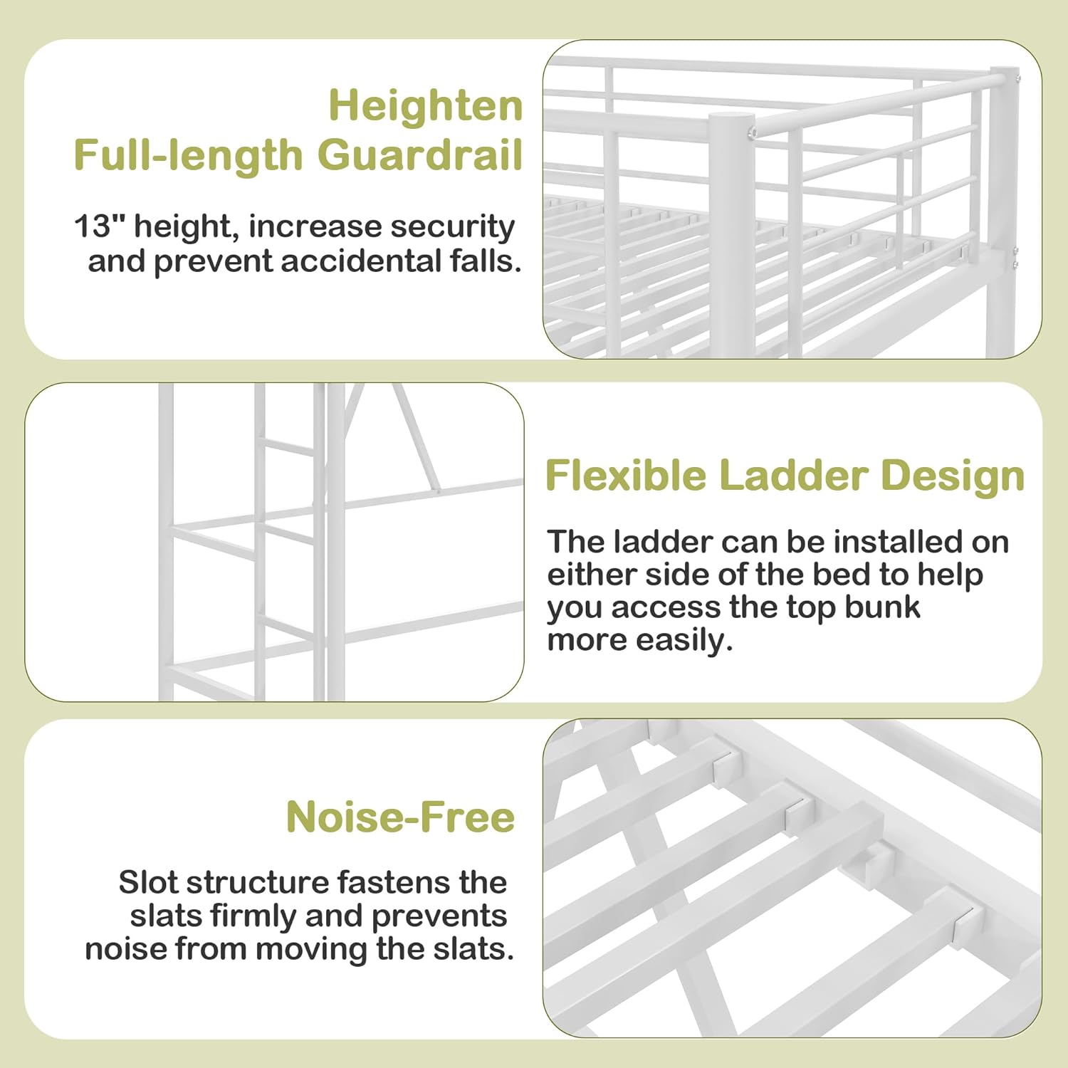 Illustrations highlighting the 13-inch guardrail, reversible ladder, and noise-free slat design.
