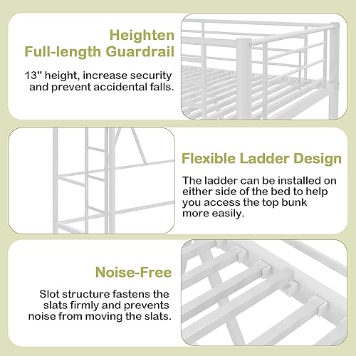 Miniatura 5 de VECELO Cama alta de metal tamaño individual, base de cama resistente con escalera extraíble y barandilla de seguridad, ahorro de espacio, sin ruido,