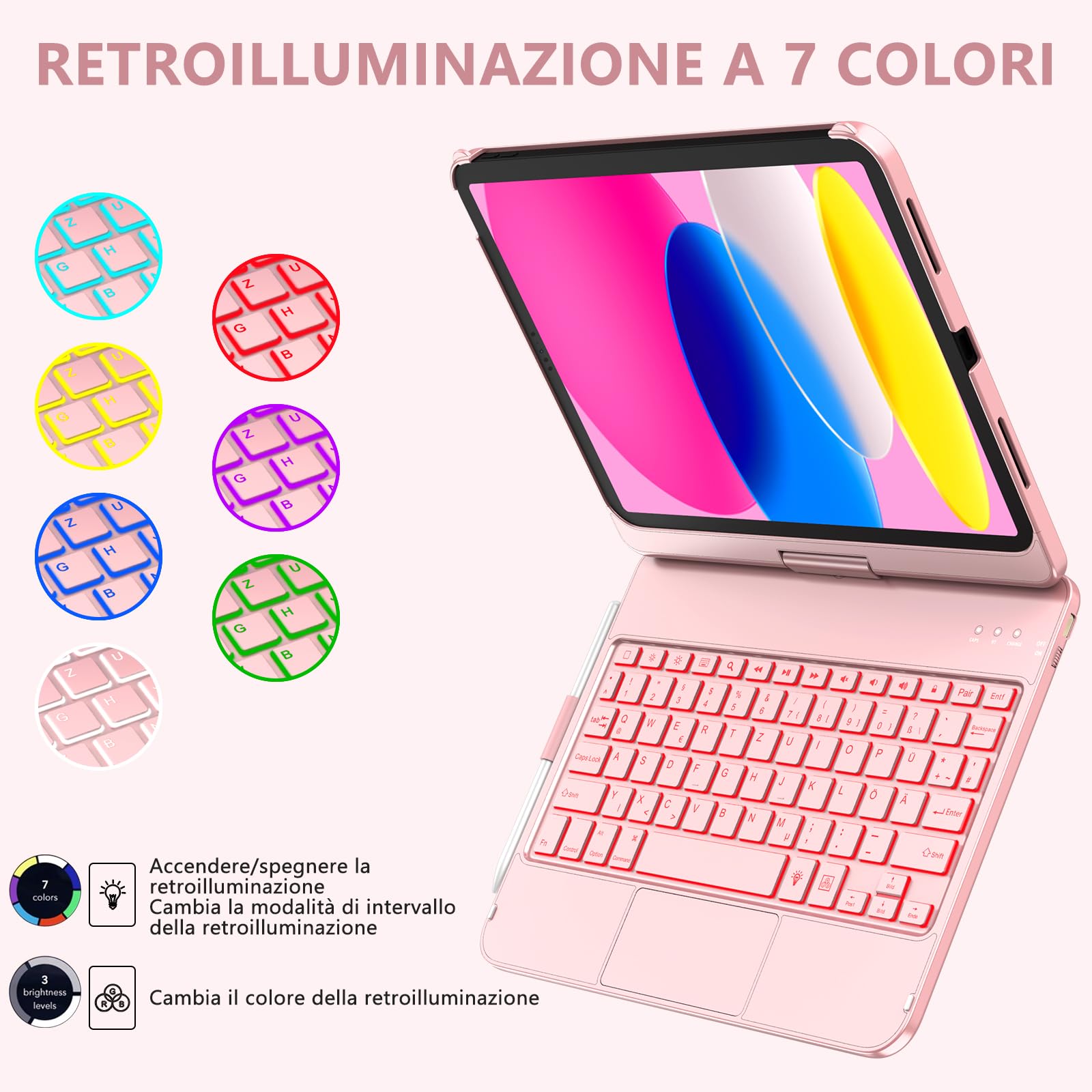 KBCASE Tastiera per iPad 10 Generazione /A16 11 Generation (11/10.9 pollici, 2025/2022),Rotazione 360 Cover con Bluetooth Tastiera Touchpad per iPad 10/11Gen con 7 Colori Illuminato,Italiano QWERTY