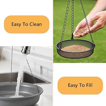Hniuyun Hanging Bird Bath and Feeder for Small Birds - Metal Seed Tray with Plastic Water Bowl, Outdoor Garden Decor Accessory