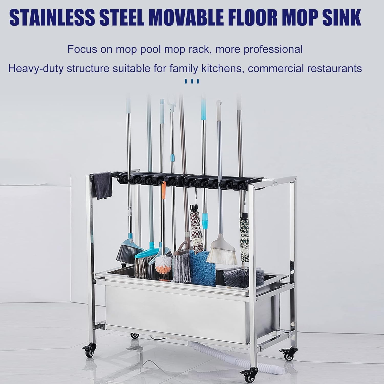 Commercial Floor Mop Utility Tub Bucket, Stainless Steel Mop Service Basin with Holder and Wheels for Kitchen, Restaurant, Business, Garages