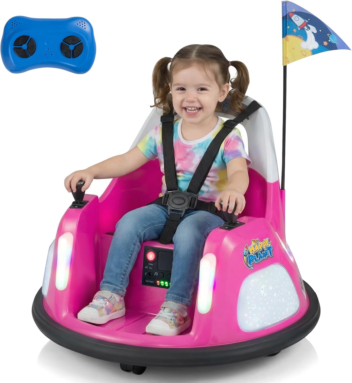 HONEY JOY Toddler Bumper Car with 5-Point Safety Belt, 12V Electric Baby Bumping Car, 5 LED Light Modes, Music & 360 Degree Spin, Battery Powered Ride On Car Toy with Remote Control (Pink)