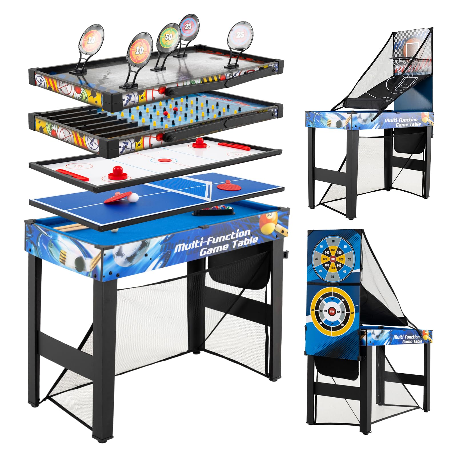 GOPLUS Mesa de Juegos 10 en 1 Multifuncional con Billar, Hockey, Tenis de Mesa, Baloncesto, Fútbol, Tiro con Arco y Pinball