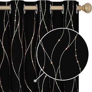 Deconovo Office Curtains 72 Inch Length 2 Panels - Soundproof Curtains with Gold Pattern, Heat Insulated Window Curtain Pa...